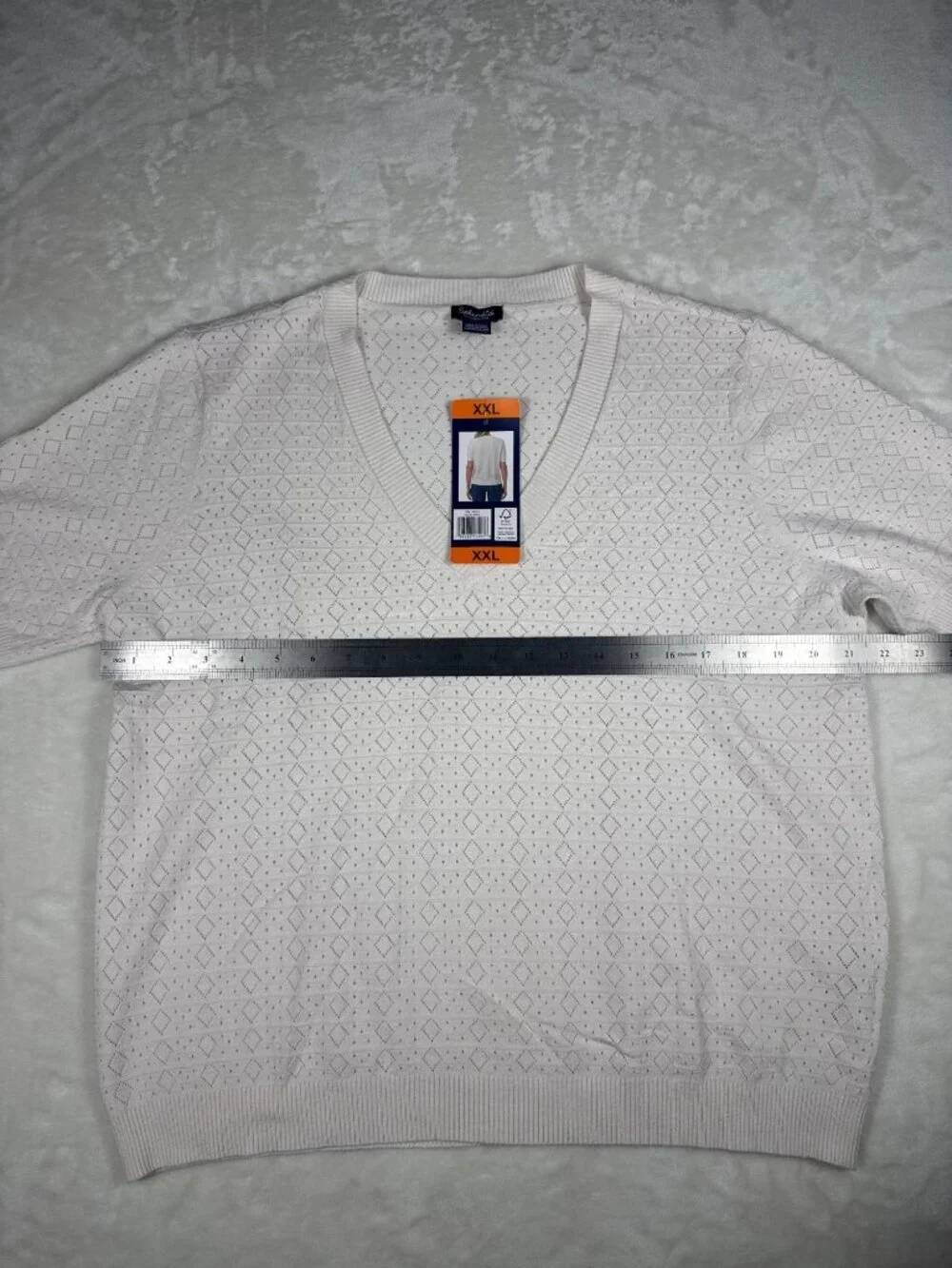 Splendid Womens White Short-Sleeve V-Neck Sweater XXL Diamond Eyelet Knit - Picture 5 of 8